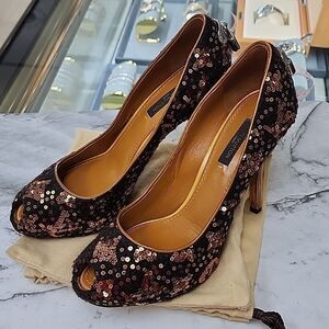 Authentic Louis Vuitton Sequin Silver Lock Pumps Heels Size 36